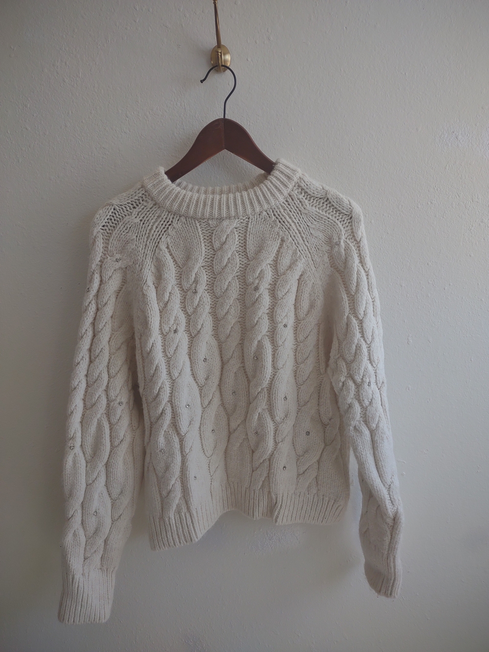 Zara Cream Cable-Knit Crewneck Studded Sweater